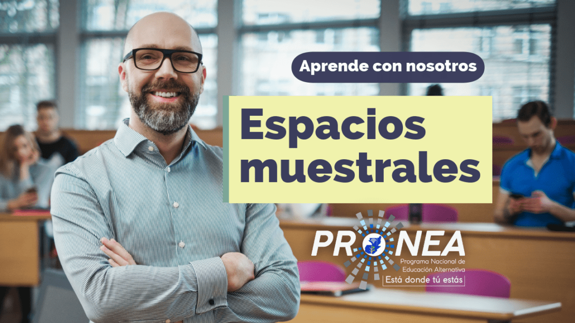 Un profesor de brazos cruzados. Presenta el tema "Espacios muestrales". Se lee la leyenda "Aprende con nosotros", del Programa Nacional de Educación Alternativa (PRONEA).