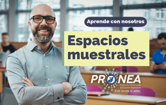 Un profesor de brazos cruzados. Presenta el tema "Espacios muestrales". Se lee la leyenda "Aprende con nosotros", del Programa Nacional de Educación Alternativa (PRONEA).