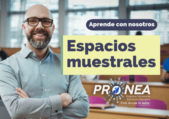 Un profesor de brazos cruzados. Presenta el tema "Espacios muestrales". Se lee la leyenda "Aprende con nosotros", del Programa Nacional de Educación Alternativa (PRONEA).