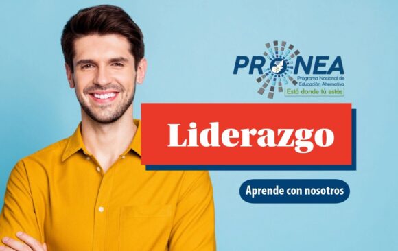 Una profesor sonríe. Se presenta el tema "Liderazgo". Se lee "Aprende con nosotros", del Programa Nacional de Educación Alternativa.