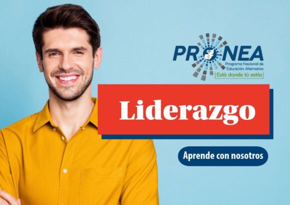 Una profesor sonríe. Se presenta el tema "Liderazgo". Se lee "Aprende con nosotros", del Programa Nacional de Educación Alternativa.