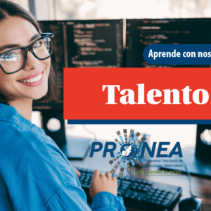 Talento-1 Una chica está trabajando en una computadora. Sonríe a la cámara. Se presenta el tema "talento". Se lee "Aprende con nosotros", del Programa Nacional de Educación Alternativa.