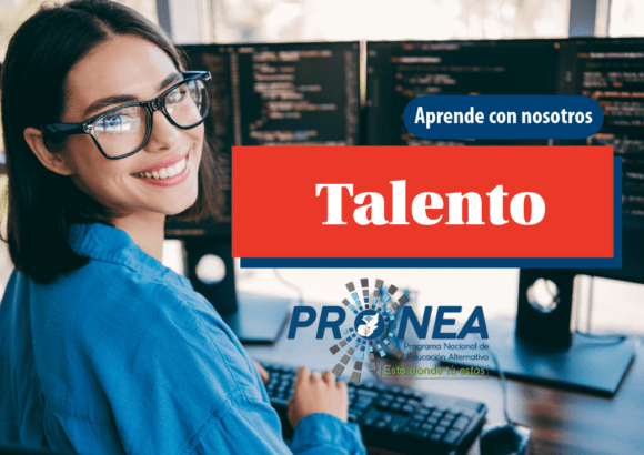 Una chica está trabajando en una computadora. Sonríe a la cámara. Se presenta el tema "talento". Se lee "Aprende con nosotros", del Programa Nacional de Educación Alternativa.