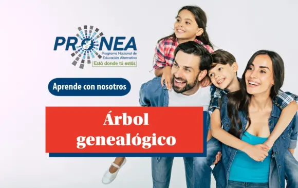 Es una familia con mamá, papá, un niño y una niña. Todos están sonriendo. Se presenta el tema "Árbol genealógico". Se lee "Aprende con nosotros", del Programa Nacional de Educación Alternativa.