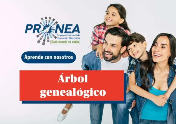 Es una familia con mamá, papá, un niño y una niña. Todos están sonriendo. Se presenta el tema "Árbol genealógico". Se lee "Aprende con nosotros", del Programa Nacional de Educación Alternativa.