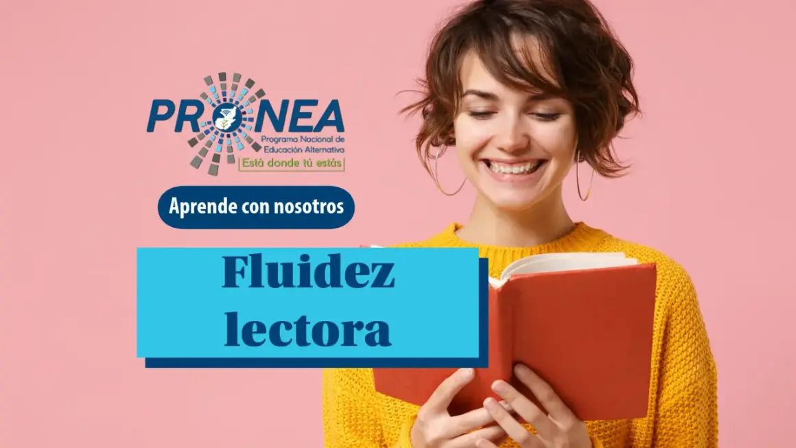 Fluidez lectora-1 Una chica sonríe mientras lee un libro. Se presenta el tema "Fluidez lectora". Se lee "Aprende con nosotros", del Programa Nacional de Educación Alternativa.
