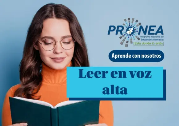 Una chica está concentrada leyendo un libro. Se presenta el tema "Leer en voz alta". Se lee "Aprende con nosotros", del Programa Nacional de Educación Alternativa (Pronea).