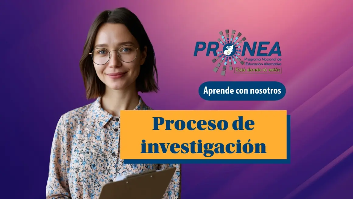 Es una chica que sonríe. Se presenta el tema "Proceso de investigación". Se lee "Aprende con nosotros", del Programa Nacional de Educación Alternativa (Pronea).