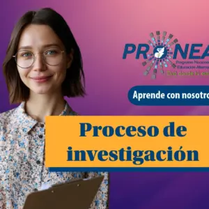 Es una chica que sonríe. Se presenta el tema "Proceso de investigación". Se lee "Aprende con nosotros", del Programa Nacional de Educación Alternativa (Pronea).