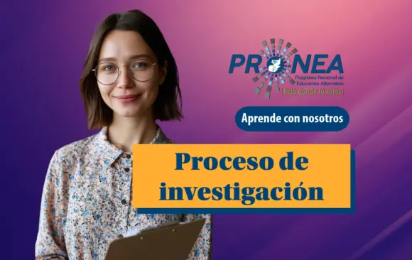 Es una chica que sonríe. Se presenta el tema "Proceso de investigación". Se lee "Aprende con nosotros", del Programa Nacional de Educación Alternativa (Pronea).