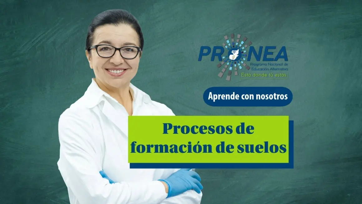 Una científica usa lentes, guantes en las manos y una bata. Tiene los brazos cruzados y sonríe. Presenta el tema "Procesos de formación de suelos". Se lee "Aprende con nosotros", del Programa Nacional de Educación Alternativa (Pronea).
