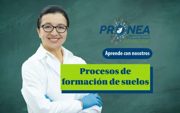 Una científica usa lentes, guantes en las manos y una bata. Tiene los brazos cruzados y sonríe. Presenta el tema "Procesos de formación de suelos". Se lee "Aprende con nosotros", del Programa Nacional de Educación Alternativa (Pronea).
