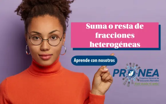 Una chica está seria. Usa lentes, tiene el pelo recogido y unos aretes grandes. Presenta el tema "Suma o resta de fracciones heterogéneas". Se lee "Aprende con nosotros", del Programa Nacional de Educación Alternativa (Pronea).