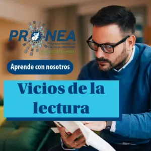 Un señor está leyendo un libro, sentado en el sofá. Usa lentes. Se presenta el tema "Vicios de la lectura". Se lee "Aprende con nosotros", del Programa Nacional de Educación Alternativa.