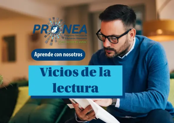 Un señor está leyendo un libro, sentado en el sofá. Usa lentes. Se presenta el tema "Vicios de la lectura". Se lee "Aprende con nosotros", del Programa Nacional de Educación Alternativa.