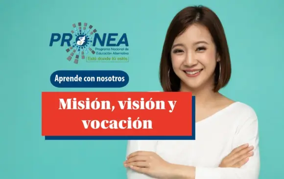 Una profesora sonríe y tiene los brazos cruzados. Se presenta el tema "misión, visión y vocación". Se lee "Aprende con nosotros", del Programa Nacional de Educación Alternativa.