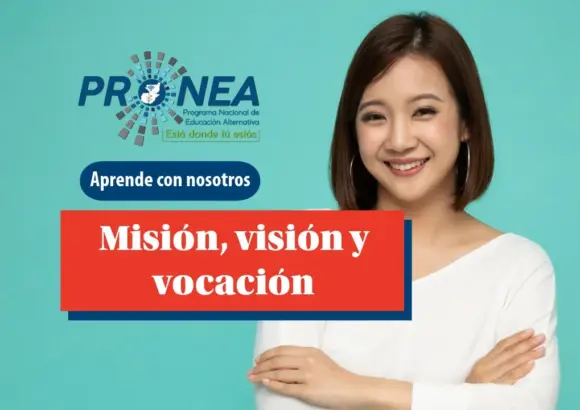 Una profesora sonríe y tiene los brazos cruzados. Se presenta el tema "misión, visión y vocación". Se lee "Aprende con nosotros", del Programa Nacional de Educación Alternativa.