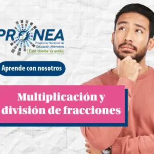 Un hombre hace un gesto pensativo mientras mira hacia arriba. Se presenta el tema "Multiplicación y división de fracciones". Se lee "Aprende con nosotros", del Programa Nacional de Educación Alternativa (PRONEA).