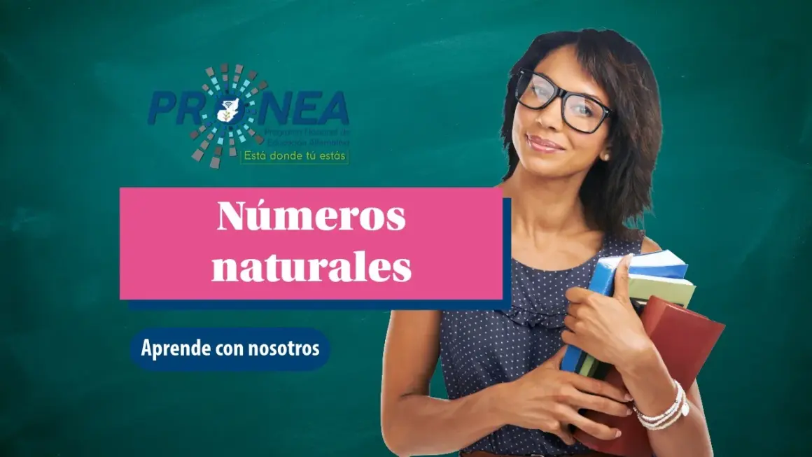 Numeros naturales Una profesora sostiene unos cuadernos entre sus brazos. Se presenta el tema "Números naturales". Se lee "Aprende con nosotros", del Programa Nacional de Educación Alternativa.