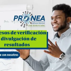Un profesor está explicando un tema con una sonrisa. Se presenta "Proceso de verificación y divulgación de resultados". Se lee "Aprende con nosotros", del Programa Nacional de Educación Alternativa (PRONEA).