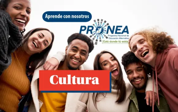 Cultura-1 Un grupo diverso de amigos. Se presenta el tema "Cultura". Se lee "Aprende con nosotros", del Programa Nacional de Educación Alternativa (PRONEA).