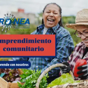 Dos señoras sonríen mientras cargan unas canastas con vegetales. Se presenta el tema "Emprendimiento comunitario". Se lee "Aprende con nosotros", del Programa Nacional de Educación Alternativa (Pronea).