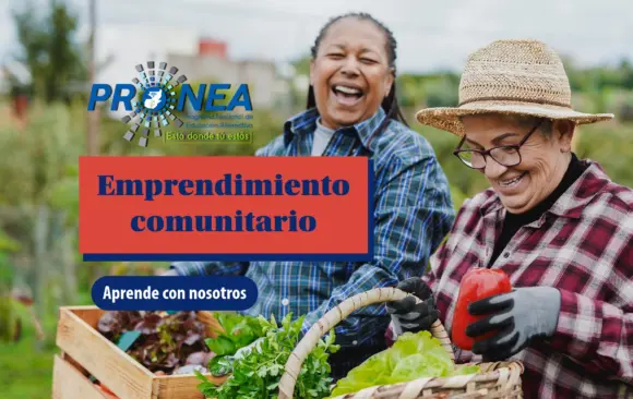 Dos señoras sonríen mientras cargan unas canastas con vegetales. Se presenta el tema "Emprendimiento comunitario". Se lee "Aprende con nosotros", del Programa Nacional de Educación Alternativa (Pronea).