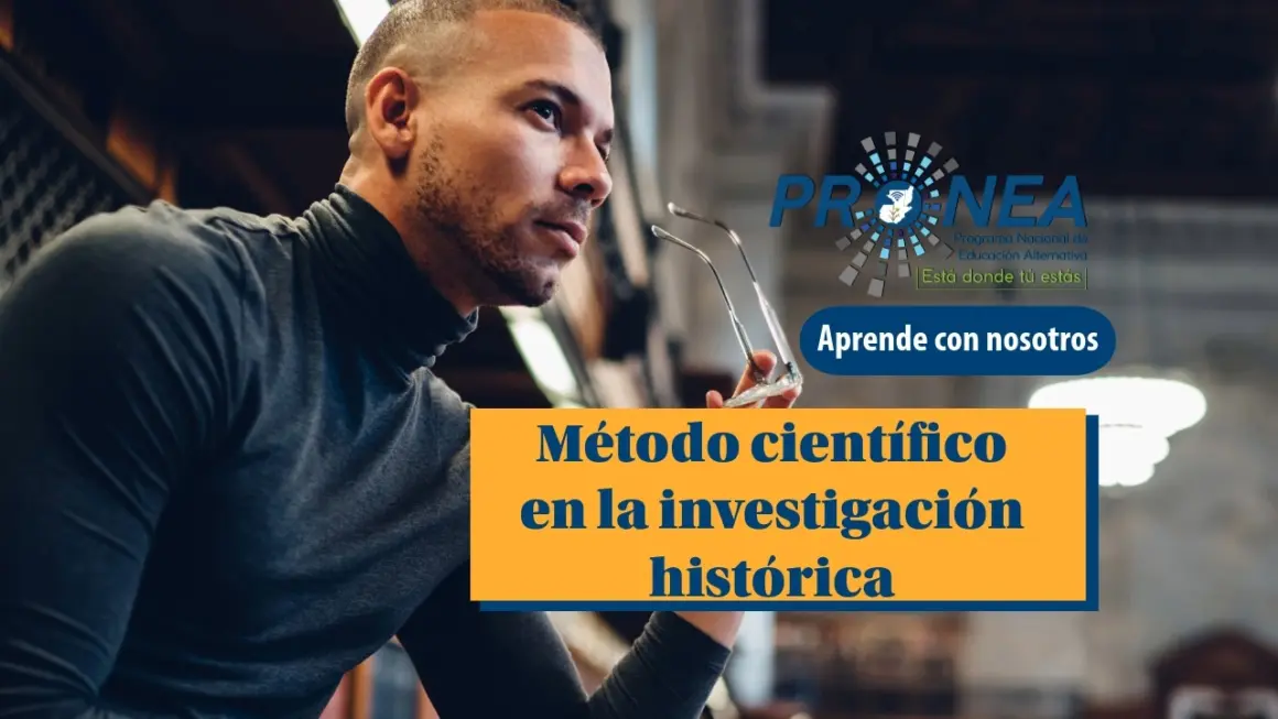 Un profesor sostiene sus lentes en la mano y está pensativo. Se presenta el tema "Método científico en la investigación histórica". Se lee "Aprende con nosotros", del Programa Nacional de Educación Alternativa (Pronea).