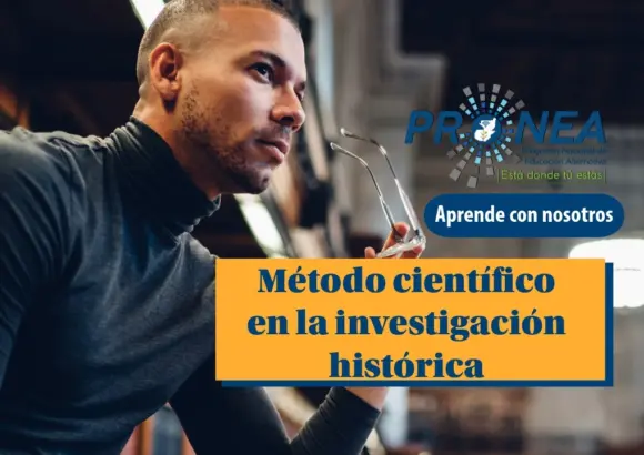Un profesor sostiene sus lentes en la mano y está pensativo. Se presenta el tema "Método científico en la investigación histórica". Se lee "Aprende con nosotros", del Programa Nacional de Educación Alternativa (Pronea).