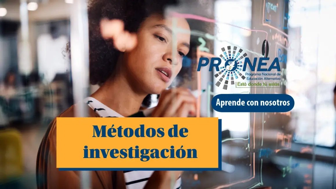 Una chica analiza unos datos en un pizarrón. Se presenta el tema "métodos de investigación histórica". Se lee "aprende con nosotros", del Programa Nacional de Educación Alternativa (PRONEA).