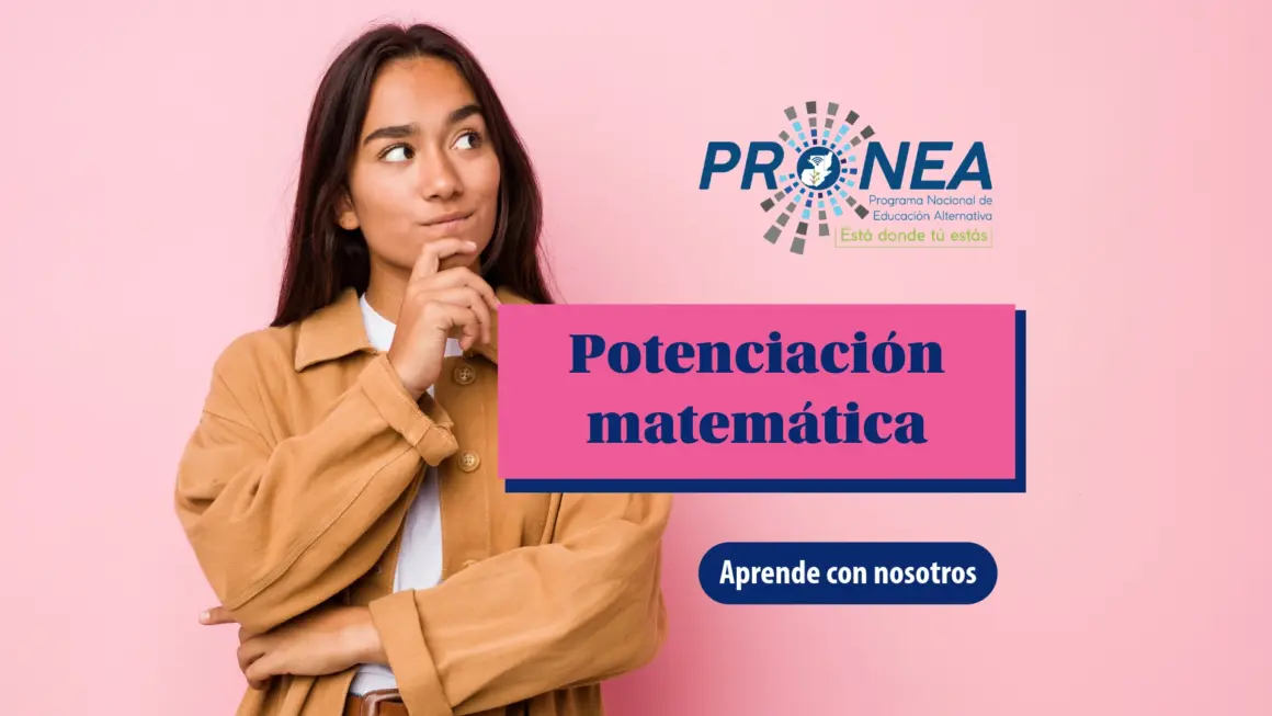 Una señorita hace un gesto con la mano sobre su barbilla que indica que está pensando. Se presenta el tema "Potenciación matemática". Se lee "Aprende con nosotros", del Programa Nacional de Educación Alternativa (Pronea).