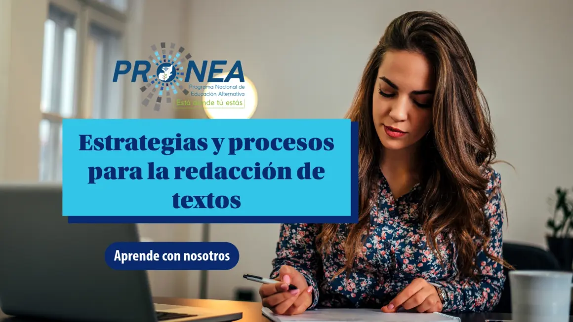 Es una mujer con el pelo largo. Está concentrada, escribe algo. Se presenta el tema "Estrategias y procesos para la redacción de textos". Se lee "Aprende con nosotros" del Programa Nacional de Educación Alternativa (PRONEA).