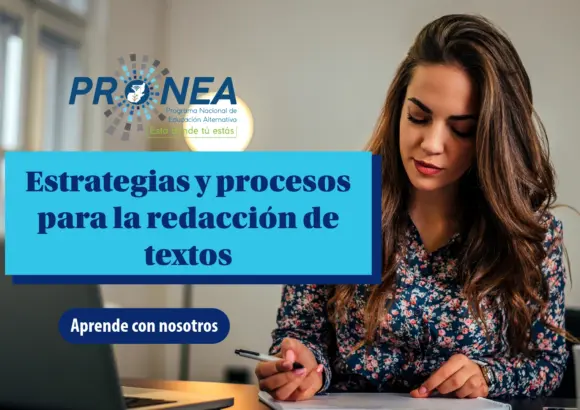 Es una mujer con el pelo largo. Está concentrada, escribe algo. Se presenta el tema "Estrategias y procesos para la redacción de textos". Se lee "Aprende con nosotros" del Programa Nacional de Educación Alternativa (PRONEA).
