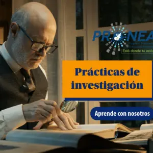 Un historiador está leyendo un libro con una lupa. Se presenta el tema "Prácticas de investigación". Se lee "Aprende con nosotros", del Programa Nacional de Educación Alternativa (PRONEA).