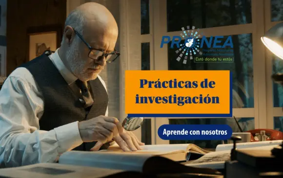 Un historiador está leyendo un libro con una lupa. Se presenta el tema "Prácticas de investigación". Se lee "Aprende con nosotros", del Programa Nacional de Educación Alternativa (PRONEA).