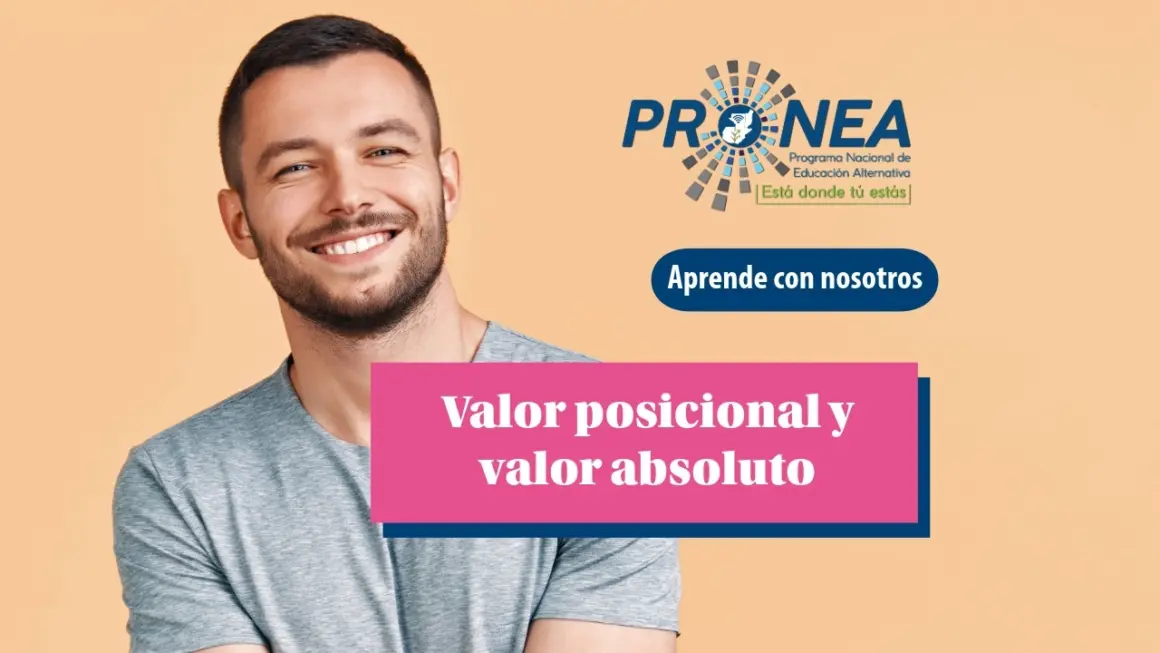 Un hombre tiene los brazos cruzados y sonríe. Se presenta el tema "valor posicional y valor absoluto". Se lee "Aprende con nosotros", del Programa Nacional de Educación Alternativa (PRONEA).