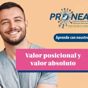 Un hombre tiene los brazos cruzados y sonríe. Se presenta el tema "valor posicional y valor absoluto". Se lee "Aprende con nosotros", del Programa Nacional de Educación Alternativa (PRONEA).