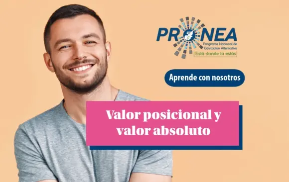 Un hombre tiene los brazos cruzados y sonríe. Se presenta el tema "valor posicional y valor absoluto". Se lee "Aprende con nosotros", del Programa Nacional de Educación Alternativa (PRONEA).