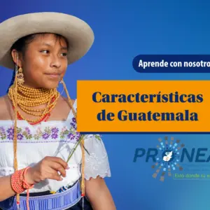 Una chica con su indumentaria está sonriendo. Se presenta el tema "características de Guatemala". Se lee "Aprende con nosotros", del Programa Nacional de Educación Alternativa (Pronea).