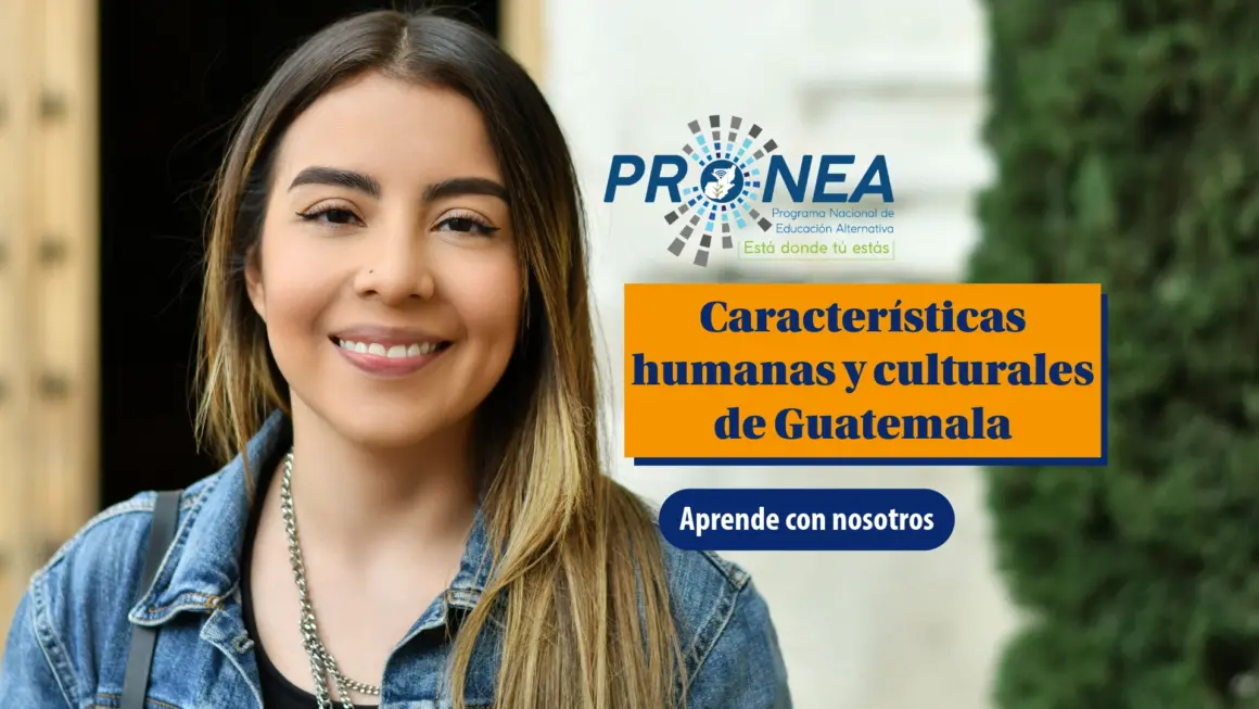 Una chica con cabello largo sonríe. Se presenta el tema "características humanas y culturales de Guatemala". Se lee "Aprende con nosotros", del Programa Nacional de Educación Alternativa (Pronea).