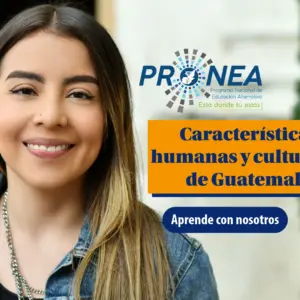 Una chica con cabello largo sonríe. Se presenta el tema "características humanas y culturales de Guatemala". Se lee "Aprende con nosotros", del Programa Nacional de Educación Alternativa (Pronea).