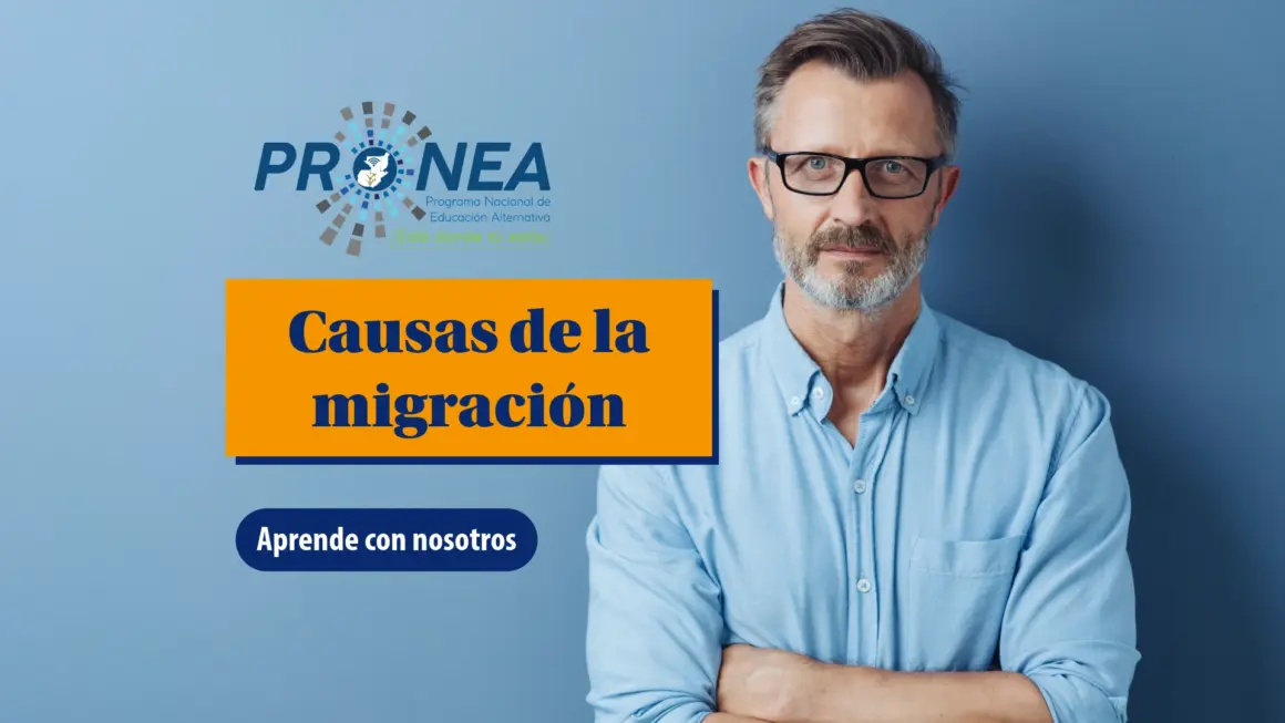 Un señor con barba y lentes tiene los brazos cruzados. Se presenta el tema "causas de la migración". Se lee "aprende con nosotros", del Programa Nacional de Educación Alternativa (Pronea).