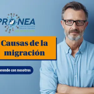 Un señor con barba y lentes tiene los brazos cruzados. Se presenta el tema "causas de la migración". Se lee "aprende con nosotros", del Programa Nacional de Educación Alternativa (Pronea).