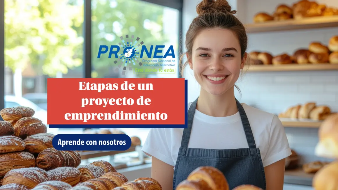 Etapas de proyectos de emprendimiento Una chica panadera sonríe. Está rodeada de varios panes. Se presenta el tema "Etapas de un proyecto de emprendimiento". Se lee "Aprende con nosotros", del Programa Nacional de Educación Alternativa (Pronea).