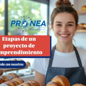 Una chica panadera sonríe. Está rodeada de varios panes. Se presenta el tema "Etapas de un proyecto de emprendimiento". Se lee "Aprende con nosotros", del Programa Nacional de Educación Alternativa (Pronea).