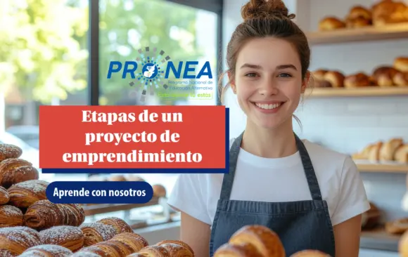 Una chica panadera sonríe. Está rodeada de varios panes. Se presenta el tema "Etapas de un proyecto de emprendimiento". Se lee "Aprende con nosotros", del Programa Nacional de Educación Alternativa (Pronea).