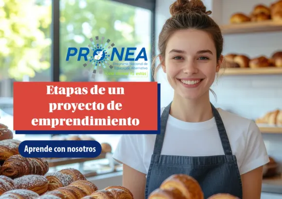 Una chica panadera sonríe. Está rodeada de varios panes. Se presenta el tema "Etapas de un proyecto de emprendimiento". Se lee "Aprende con nosotros", del Programa Nacional de Educación Alternativa (Pronea).