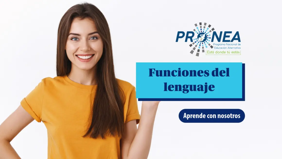 Funciones del lenguaje Una chica sonriente señala el tema de la lección. Se presenta "Las funciones del lenguaje". Se lee "aprende con nosotros", del Programa Nacional de Educación Alternativa (Pronea).