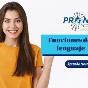 Funciones del lenguaje Una chica sonriente señala el tema de la lección. Se presenta "Las funciones del lenguaje". Se lee "aprende con nosotros", del Programa Nacional de Educación Alternativa (Pronea).
