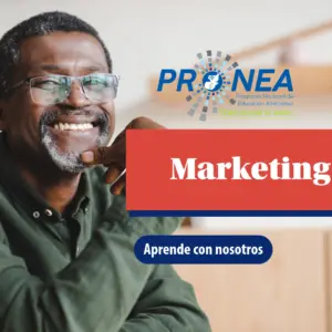 Un hombre está sonriendo. Se presenta el tema "Marketing". Se lee "Aprende con nosotros", del Programa Nacional de Educación Alternativa (Pronea).
